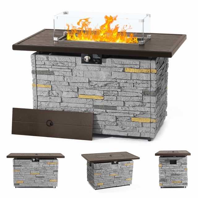 43 in. Propane Fire Pit Table Outdoor Stone Firepit Table Rectangular 50000 BTU Propane Fire Tables for Patio, Gray