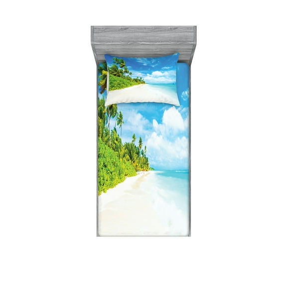 Ambesonne Ocean Fitted Sheet & Pillow Sham Set, Beach Sea Exotic Palms, Twinxl, Blue Green Cream