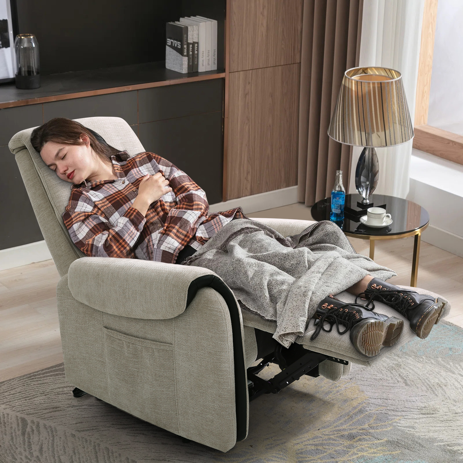 MERITLIFE Chenille Fabric Massage Recliner with Adjustable Headrest and Lumbar Support, Beige