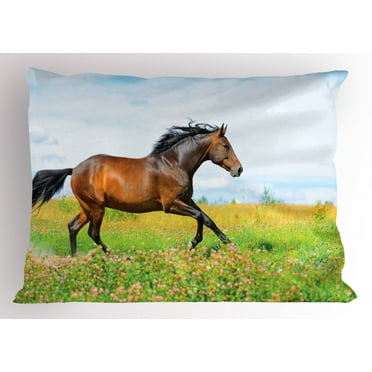 Ambesonne Animal Pillow Sham, Horse Rural Flowers, 26" X 20", Green Brown Pale Blue