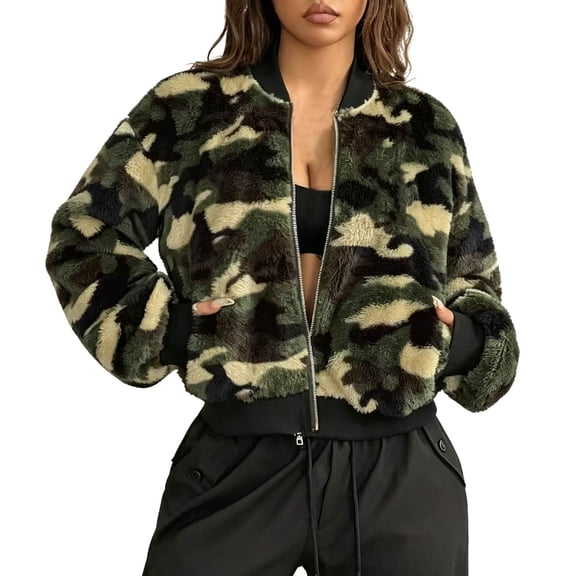 MuXiKeJi Clothes Women's Camo Zip Up Bomber Jacket Long Sleeve Sweatshirt Casual Loose Fit Fuzzy Jackets,Color Block Outerwear,with Pockets,Fall Winter Fashion Clothes