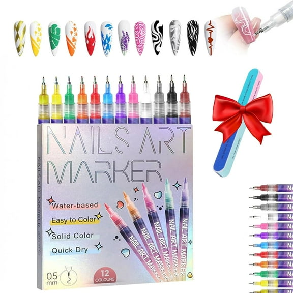 12 Colors Nail Art Markers Set, Gel Nail Pens for DIY Painting - 3D Nail Polish Markers, Manicure Tools for Art Drawing & Dotting