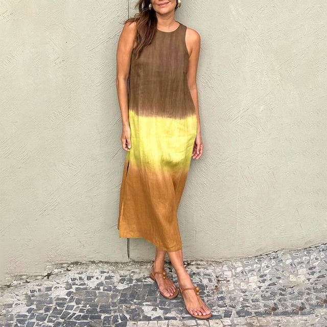WILLBEST Maxi Vestidos de Mujer Vestido Largo Informal de Lino sin Mangas con Abertura y Degradado Teñido Anudado para Mujer Mediana