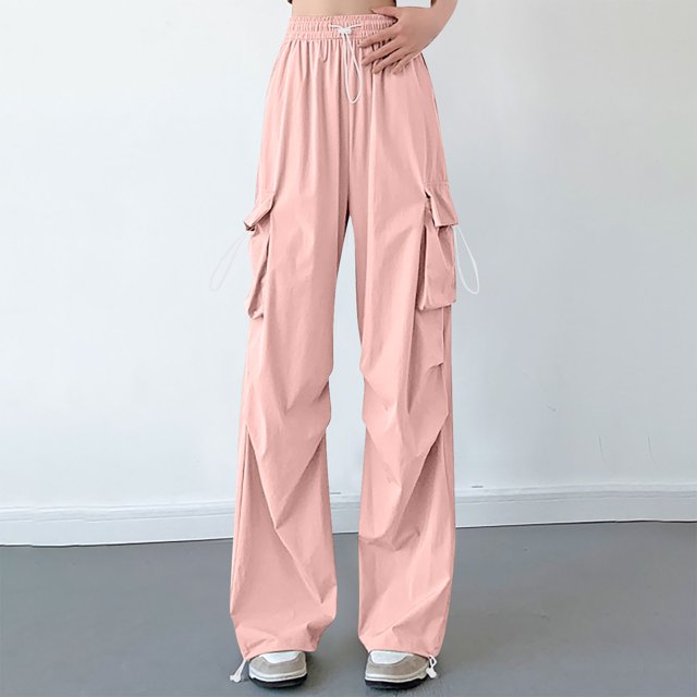 AherBiu Cargo Pants for Women Drawstring High Waisted Solid Color Straight Leg Casual Loose Trousers with Multi Pockets
