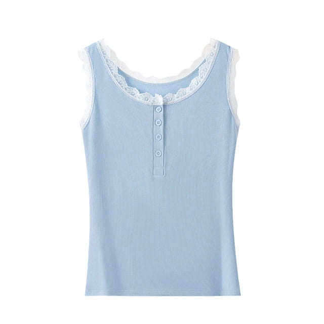 Ymauqau Plus Size Tank Tops for Women Ribbed Knit Scoop Neck Half Button Lace Trim Slim Sleeveless T-Shirts Basic Cami Shirts