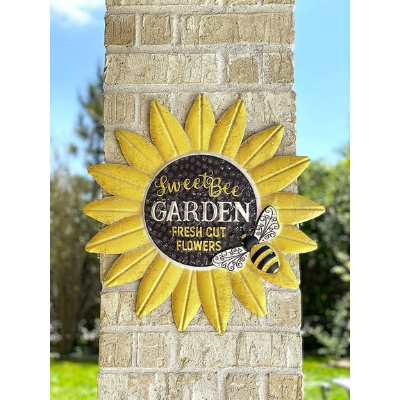 Sunflower Bee Garden Home Sign Metal Rustic Door Wall Decor Large Colorful Indoor Outdoor 19" x 19"