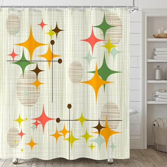 Mid Century Modern Shower Curtain Retro Stars Shower Curtains for Bathroom Abstract Vintage Boho Art Waterproof Fabric Bath Curtain Decor with Hooks (Yellow1, 72'''' x 72'''')