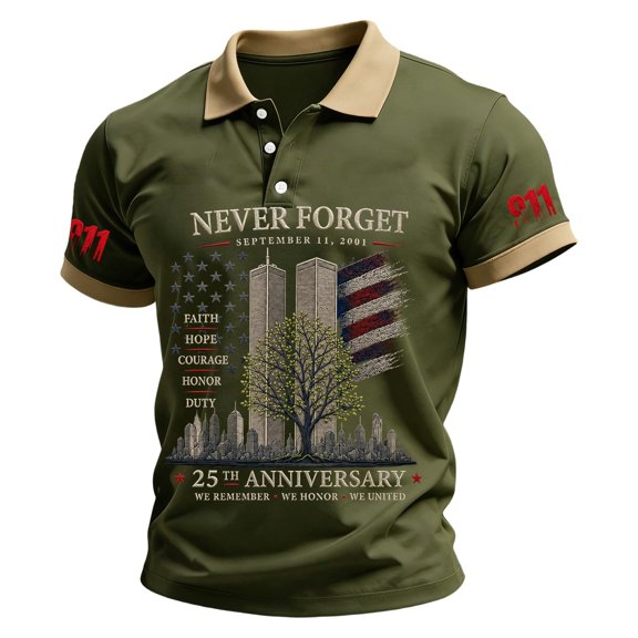 9/11 25th Anniversary Men's Polo Shirt - Commemorative Graphic Short Sleeve Collared Top with Smooth Fabric for Everyday Tribute Army Green L