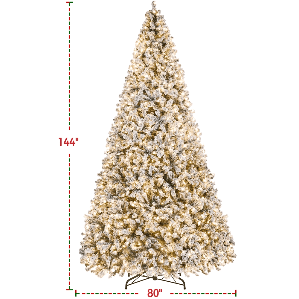Alden Design 12Ft Pre-lit Flocked Artificial Christmas Tree with Incandescent Warm White Lights, Green
