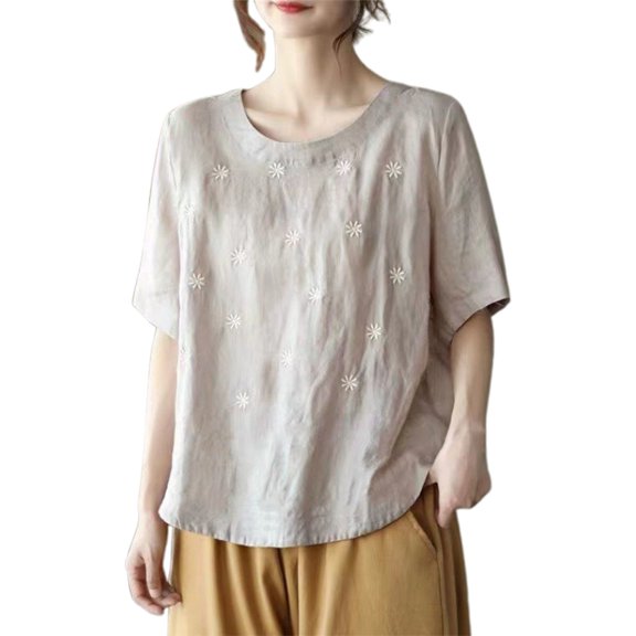 RMGVDSD T Shirts Women Tops Women's Linen Summer Embroidery Casual Retro Solid Color Top Short Sleeve T Shirt Fashion Tshirts Shirts