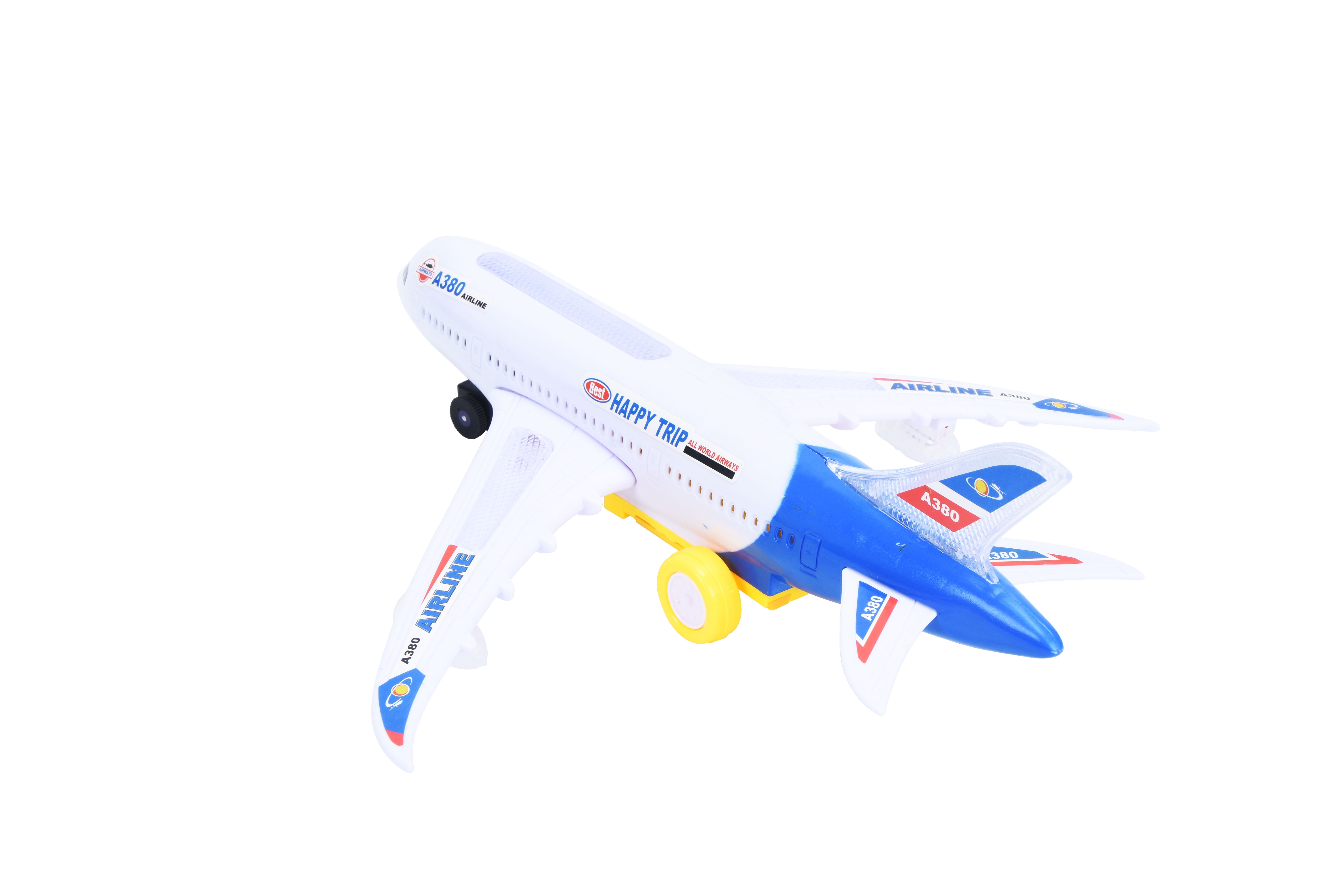 PlayWorld All Aboard! Bump and Go Electric Air Bus A380 Kids Action Airplane - Model Plane with LED Lights and Sounds - Changes Direction On Contact - Blue