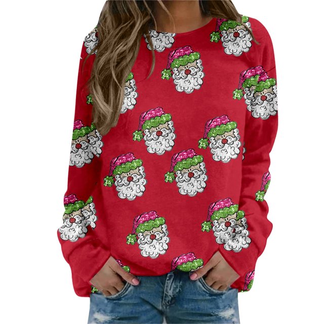 Gibobby Sudaderas navideñas Blusa de manga larga con cuello en O para mujer, para uso diario, en casa, al libre, con estampado navideño(Rojo,XG)
