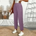 thumbnail image 4 of Linen Pants Spring Women Elastic Waist Drawstring Ankle Length Straight Leg Cropped Pants High Waisted Comfy Beach Trousers Light Purple L, 4 of 6