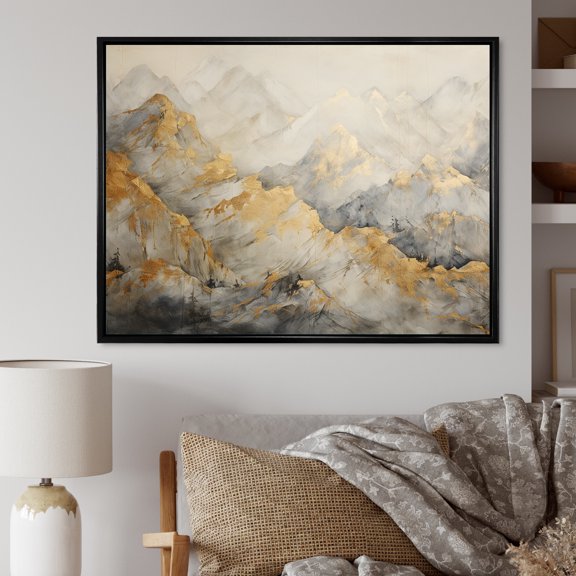 Designart "Bold Mountain Glacier In Beige And Gold" Forest Floater Framed Wall Decor