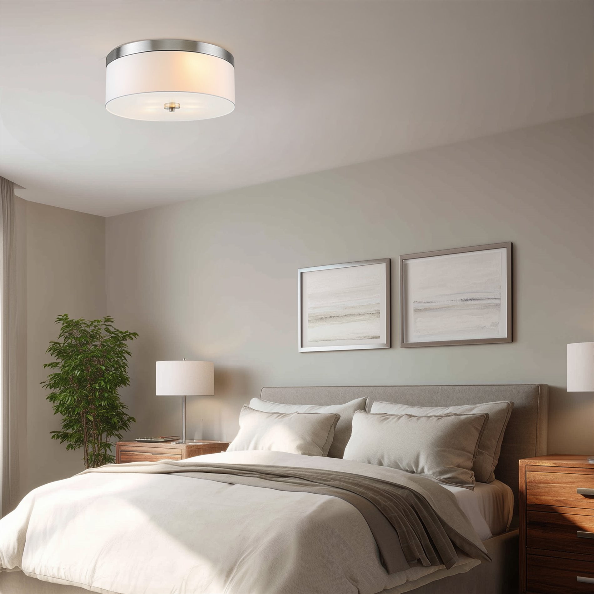 Kira Home Walker 15" Drum Flush Mount Ceiling Light, White Fabric Shade, Frosted Glass Diffuser, Close to Ceiling