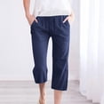 thumbnail image 2 of HAPIMO Cotton Linen Capri Cuff Pants for Women Clearance Summer Solid Relaxed Trousers Fashion Sale High Elastic Waist Casual Comfy Blue M, 2 of 6