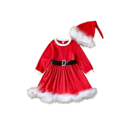 

Toddler Baby Girl Christmas Santa Claus Dress Outfit Red Velvet Long Sleeve Princess Party Tutu Fall Dresses with Belt