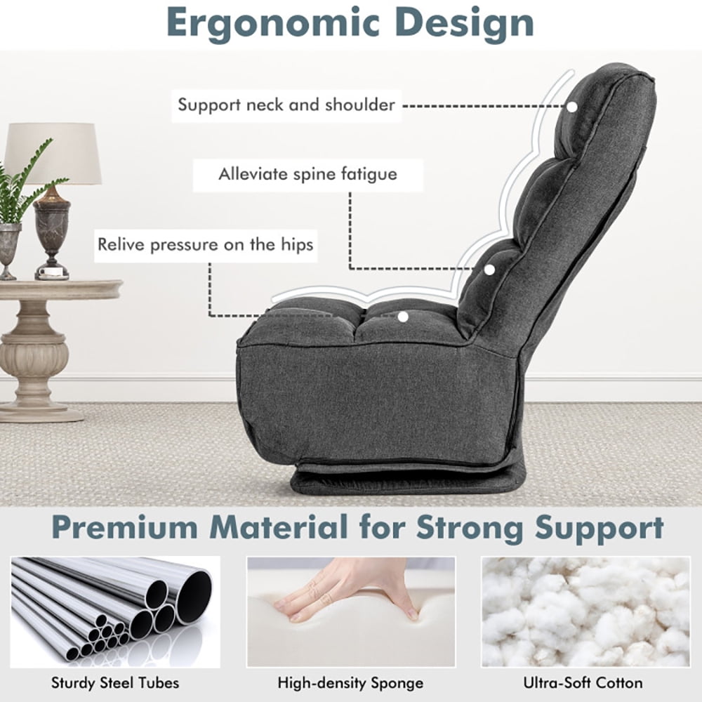 Finihen Swivel Folding Lazy Sofa Chair, Floor Chair, 360-Degree Swivel Folding Floor Chair with 6 Adjustable Positions, for Living Room, Bedroom, for Gaming, Reading, Gray