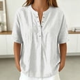 thumbnail image 2 of Daznico Women's Henley V Notch Neck Linen Blend Blouse Short Sleeve Casual Summer Loose Fit Solid Tops,XXL, 2 of 6