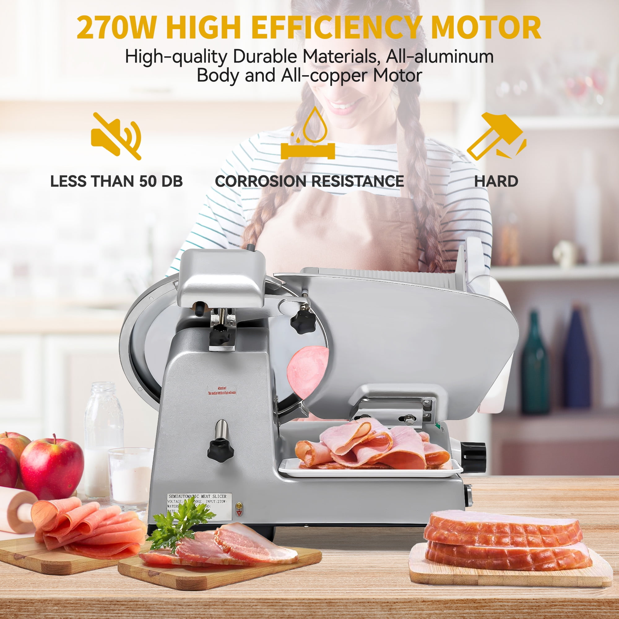 Uforic 12" Commercial Meat Slicer, 270W Electric Frozen Meat Slicer with Premium Hard Chrome Plated Blade for Cheese, Bread, Deli, Semi-Auto Slicer 0-18mm Adjustable Thickness