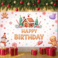 thumbnail image 4 of Gingerbread House Christmas Birthday Banner Christmas Tree Holiday Backdrop Snowman Figure Candy Cane Background for Christmas Birthday Party Winter Holiday Celebration Kids Birthday Event, 4 of 8