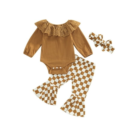 

Binwwede 3Pcs Baby Girls Romper Outfit Lace Flouncing Splicing Long Sleeve Jumpsuit + Checkerboard Plaid Bell-bottomed Pants + Headwear