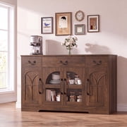 Keenstone Expandable Buffet Cabinet with Storage, 55.1 W Sideboard Cabinet with Drawers and Glass Doors, Coffee Bar Cabinet with Adjustable Shelves, Dark Brown