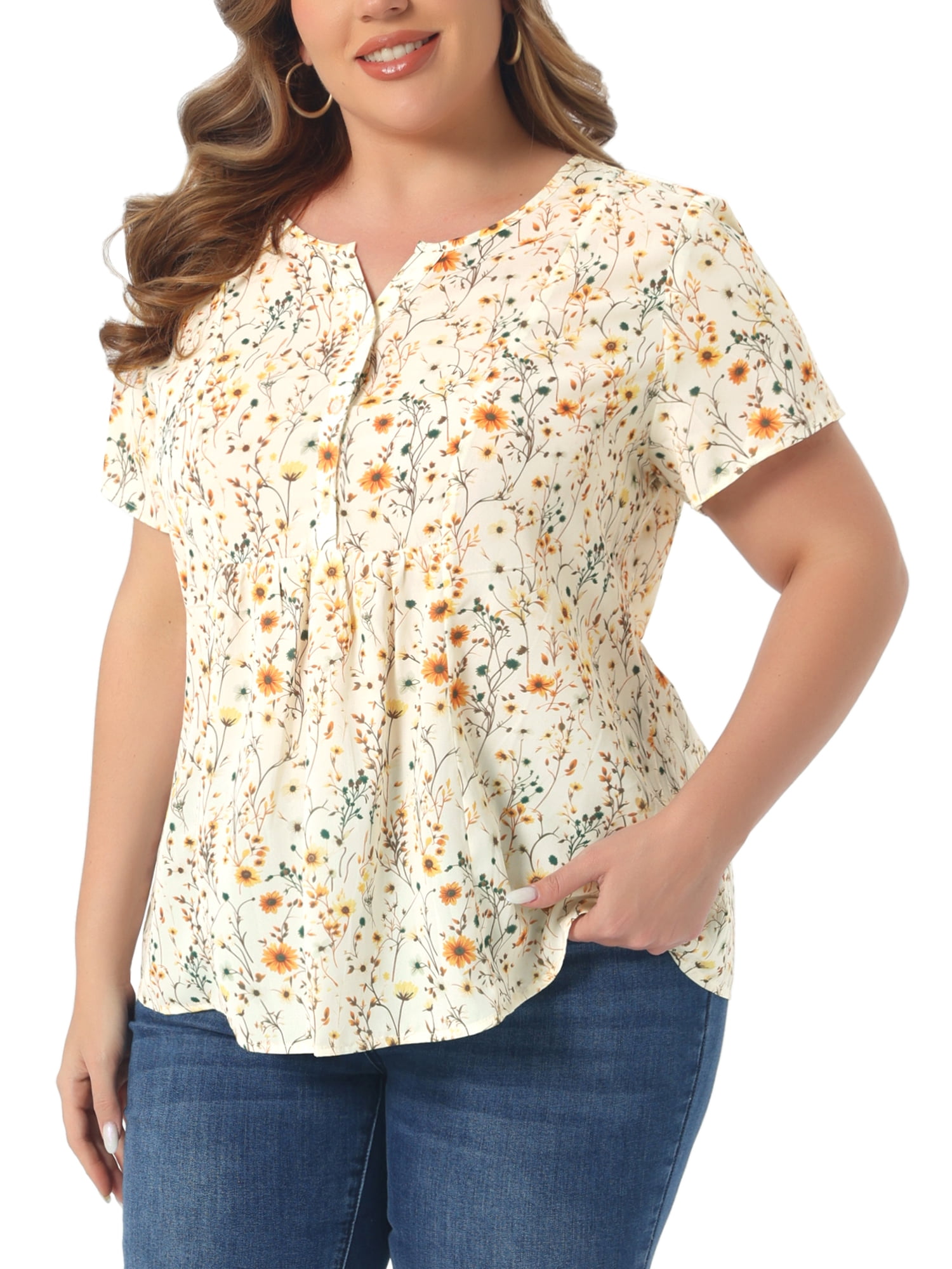 DARING DIVA Women's Plus Size Floral Half Placket Short Sleeve Blouses 3X Light Yellow