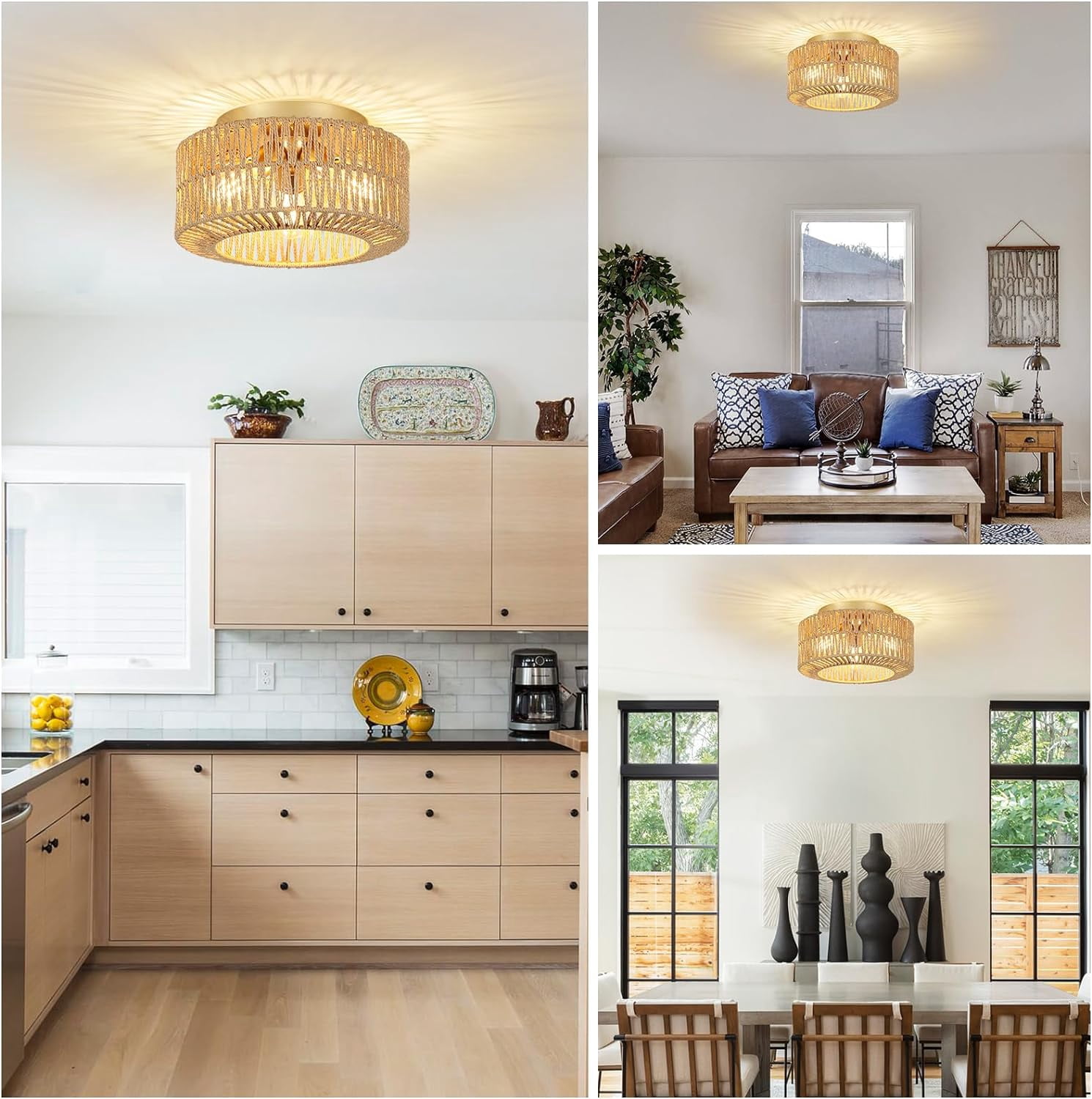 Boho Light Fixtures, 3-Light Farmhouse Rattan Ceiling Light, Flush Mount with Hand-Woven Shade, Modern Chandelier for Living, Bedroom, Entryway, Kitchen, Nursery
