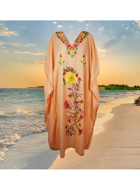 Womens Embroidered Kashmiri Kaftan Long Dress, Coral Peach Floral Embroidery Caftan Maxi Dress, Gift One Size L-2XL