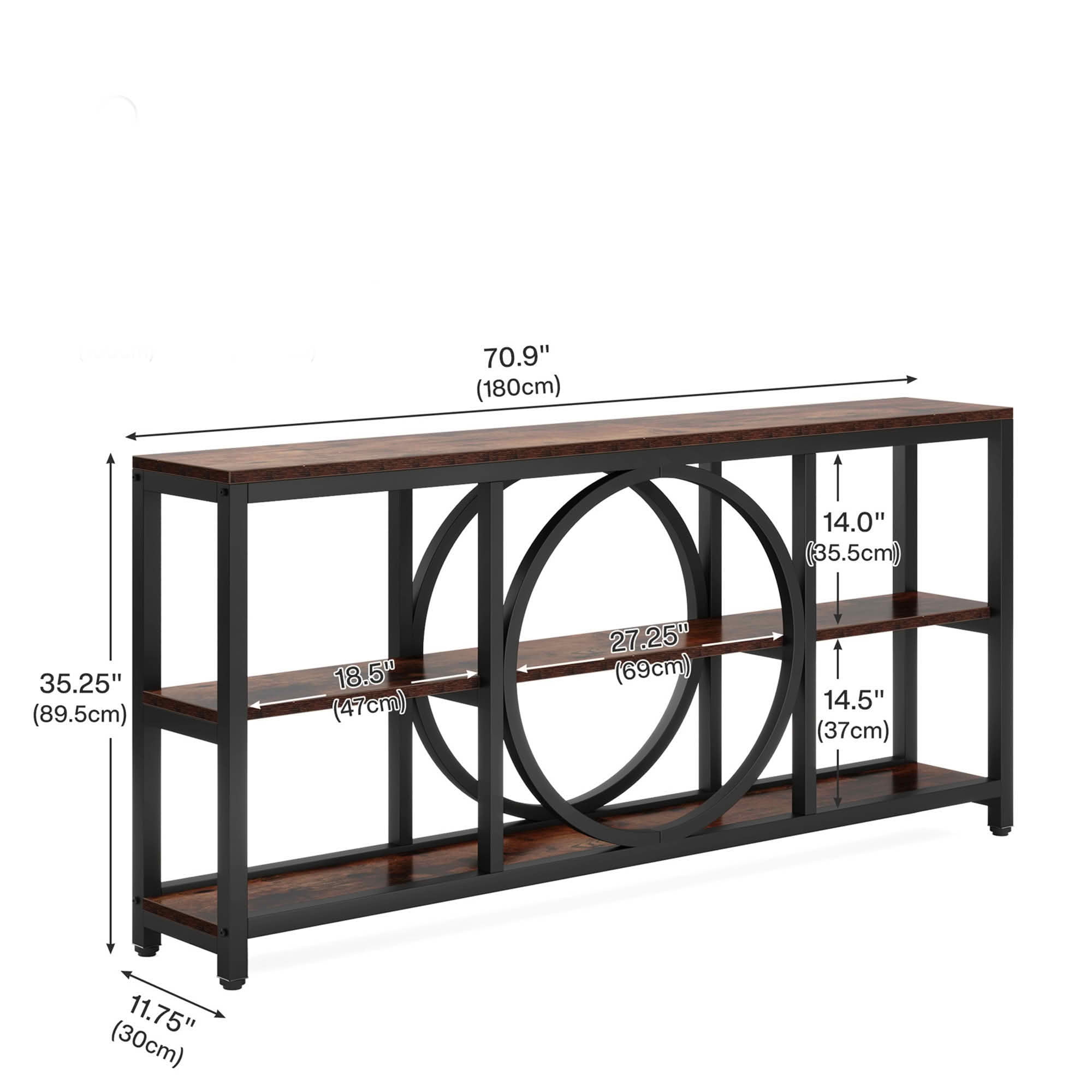 MAYEERTY 70.9" Narrow 3-Tier Console Table, Circular Black Metal Frame Waterproof MDF Sofa Table for Entryway Living Room