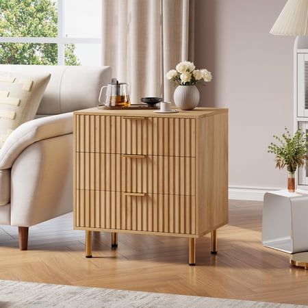 Modern Fluted 3 Drawer Dresser Deep Storage Chest with Wide Top Wooden bedside table for Bedroom Living Room Hallway or Kids Room