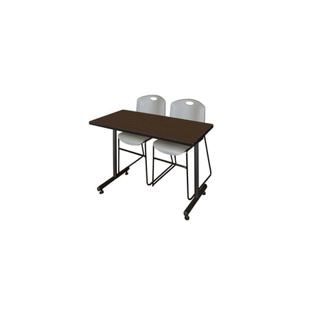 Regency Kobe 48 x 24 in. T-Base Training Seminar Table- Neo Walnut, 2 Zeng Stack Chairs- Grey