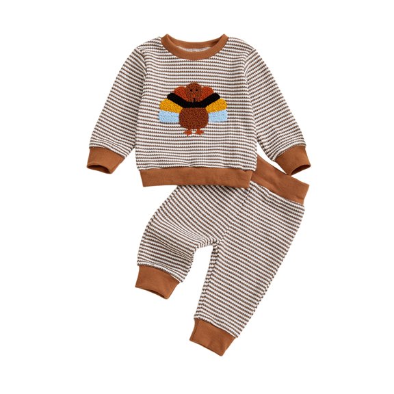 BemeyourBBs Boy Thanksgiving Sets Long Sleeve Turkey Embroidery Striped Tops Pants