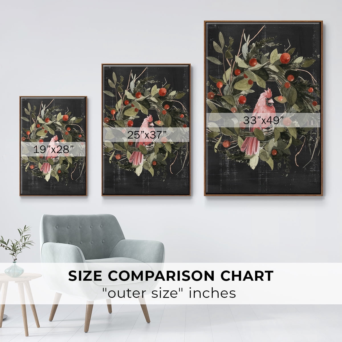 Christmas Cardinal II - Framed Gallery Wrapped Holiday Canvas - 27 x 41 - Rosewood Frame