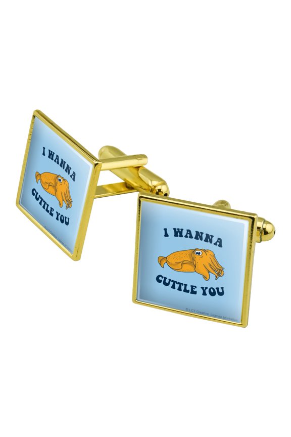 I Wanna Cuttle You Want to Cuddle Fish Funny Humor Square Cufflink Set - Silver or Gold