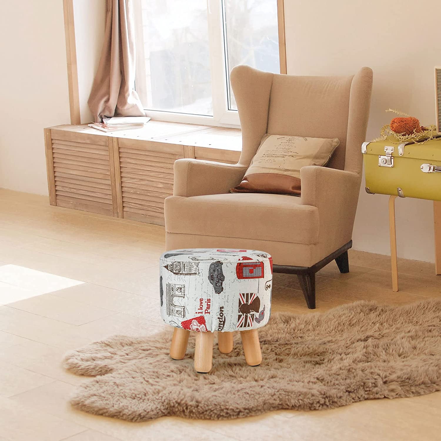 H&B Luxuries Fabric Round Padded Ottoman Foot Rest Stool (4 Legs-Vintage Beige)-ST-OPFS4