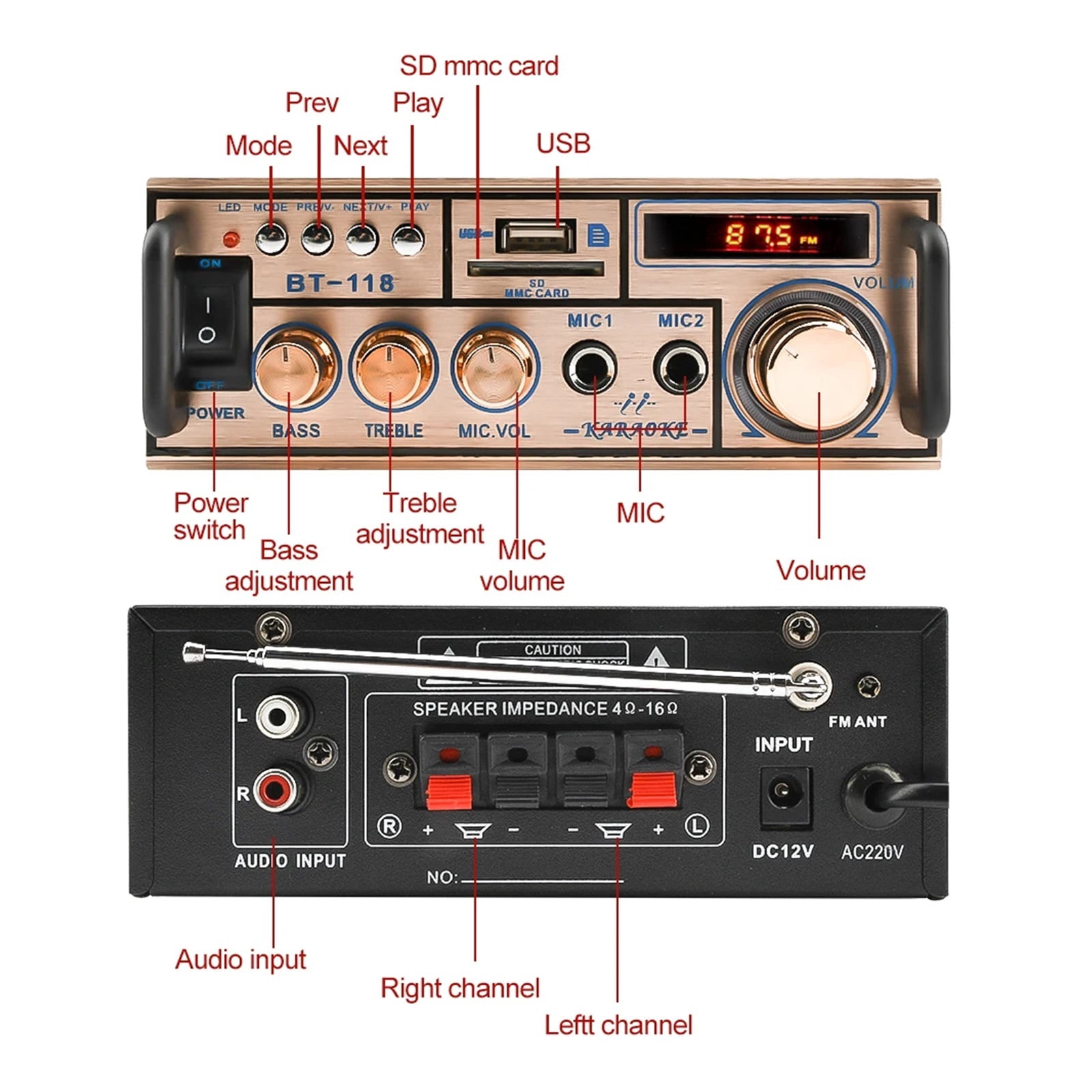 MiNI HIFI LCD Digital Bluetooth Power Amplifier Car Bass Home Theater Amplificador Speaker Treble Control FM USB SD 400W