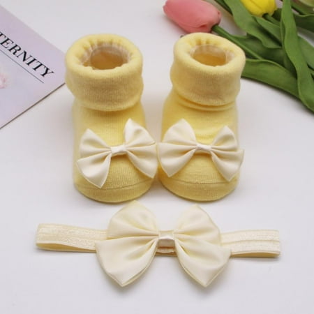 

SYNPOS 0-12M Baby Girls Socks and Headband Set Bowknot Decorated Anti-Slip Cotton Ankle Socks with Elastic Headband Set
