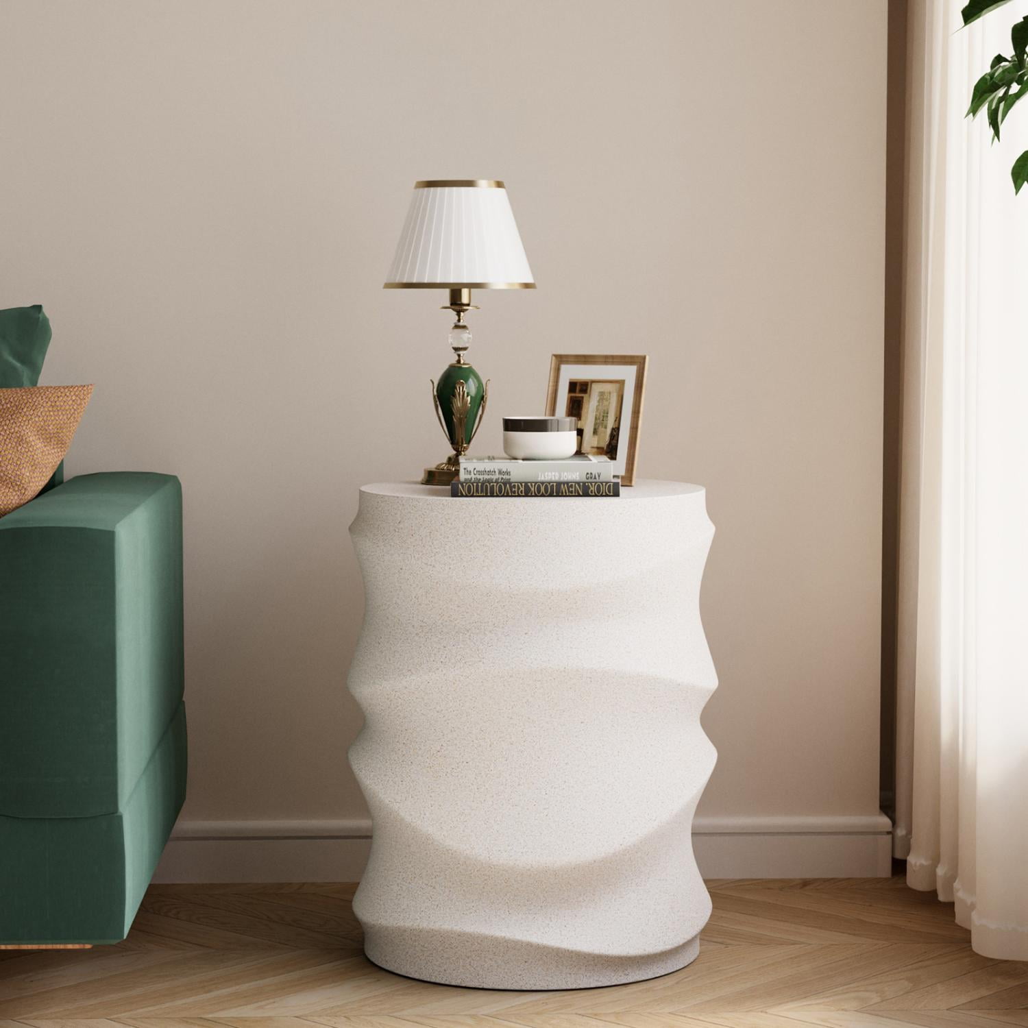 MOALCOFER 18" Concrete Outdoor Side Table, Round Accent End Table for Patio, Small Garden Stool or Plant Stand, Indoor/Outdoor Use,White