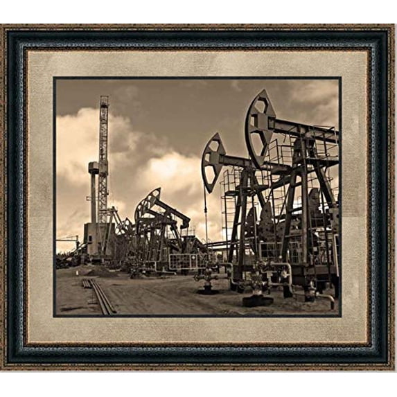 Pump Jack V | Framed Oil and Gas Art in Double Mat | 29L X 35W" Inches
