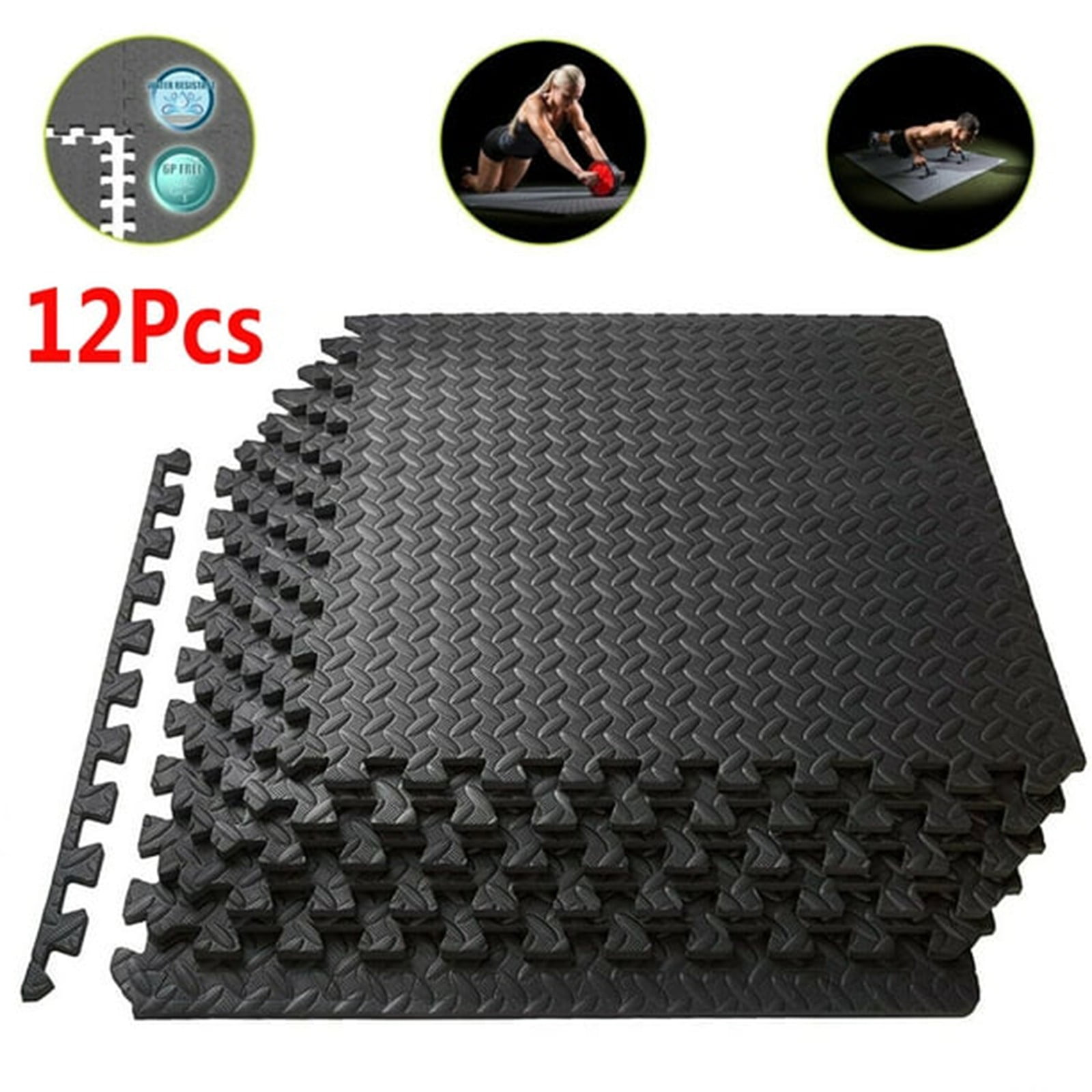 12-Pack EVA Foam Interlocking Floor Mats - 3/4" Thick Puzzle Exercise Mats for Home Gym, Workouts & Kids Play Area - Non- Black Diamond Plate Design