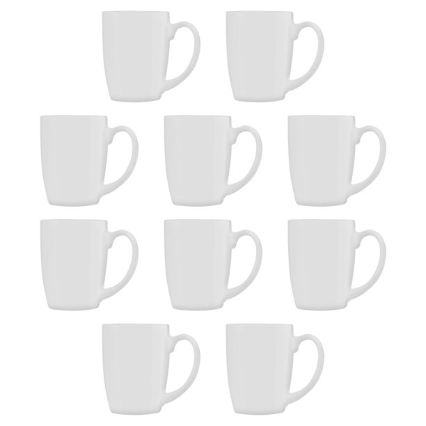 Curved Java Coffee Mug Set 10 Pack 12 Oz. Stoneware Restaurant Cups White