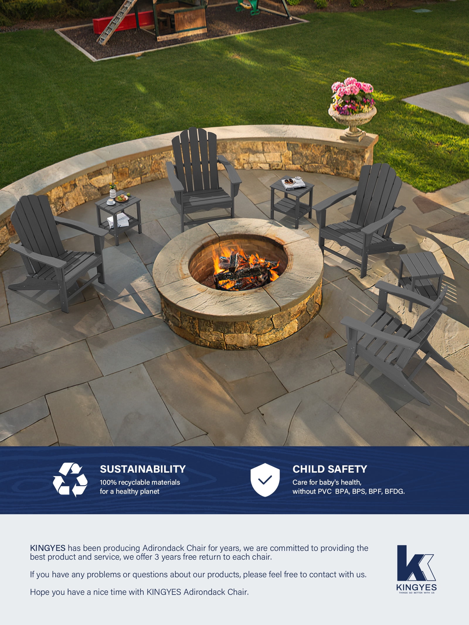 KINGYES HDPE Adirondack Chair, All-Weather Outdoor Fire Pit Chairs for Patio Deck Lawn, Grey