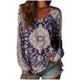 thumbnail image 3 of YUNAFFT Retro Print Top for Women V-Neck Long Sleeve Loose Fit Casual Blouse with Vintage Design, 3 of 3