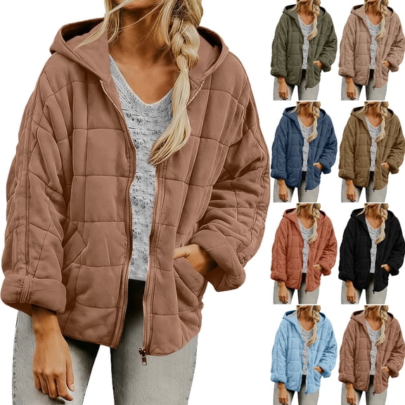Women Windproof Quilted Hooded Jacket,Full Zip Lightweight Grid Puffer Coat,Oversized Loose Casual Warm Wind Resistant Outerwear With Side Pockets