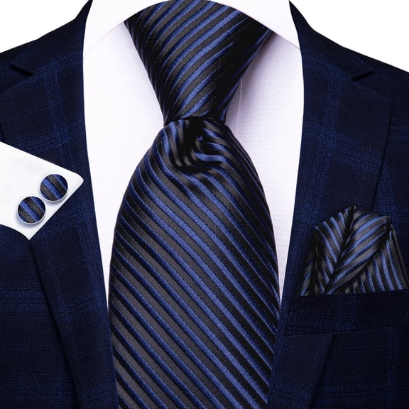 Hi-Tie Mens Navy Blue Black Striped Tie Set Silk Formal Necktie Pocket Square Cufflink for Wedding Business