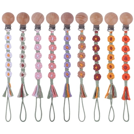 4PCS Pacifier Clip for Boys Baby Girls Floral Daisy Macrame Paci Clip Boho Wooden Clips Handmade Braided Cotton Pacifier Holder Leash Birthday Gift(Random Color)