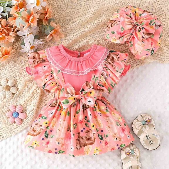 Lenago Girl Baby Solid Round Neck Bubble Sleeve Jumpsuit Rabbit Print Strap Skirt Rompert