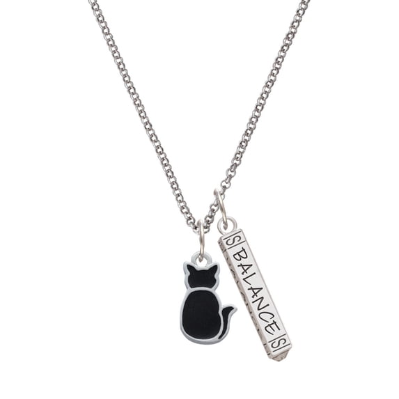 Delight Jewelry Silvertone Large 2-D Black Cat Back Silvertone Balance Bar Charm Necklace, 23"